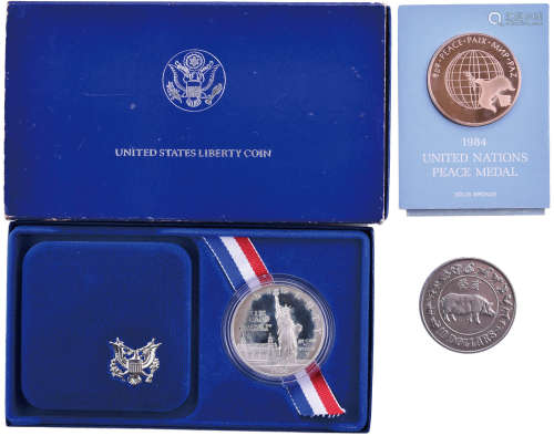 美國1986年 ELLIS ISLAND $1 精裝銀幣(連原裝盒及證書), 聯合國1...