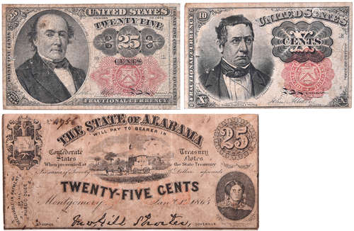 美國1849年 10￠, 1845年 25￠及 1863年 25￠(小孔)。合共3張(細美元...