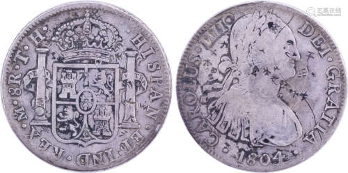 西屬墨西哥1804年 卡洛斯四世8R(雙柱) 銀幣(有印)