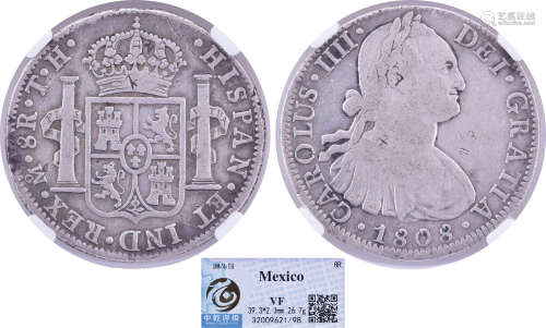 西屬墨西哥1808年 卡洛斯四世8R(雙柱) 銀幣(有印) #32009621/98