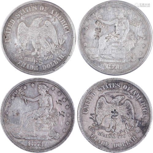 美國1874及1876年 貿易銀元(揸花) $1 銀幣 共2個(有印)
