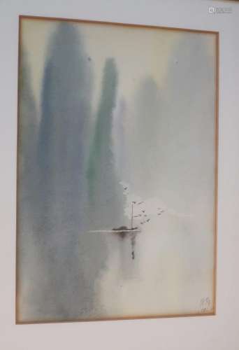 Ling-ling "Fischerboot auf ruhiger See",Aquarell,s...