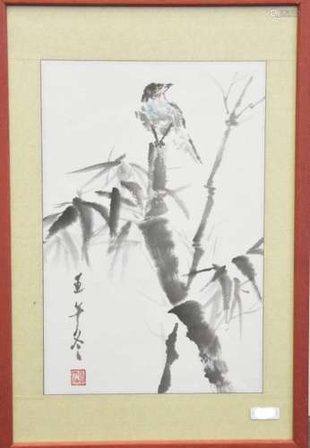 Singvogel auf Bambusast,Aquarell,ca. 29x19cm,hinter Glas ger...