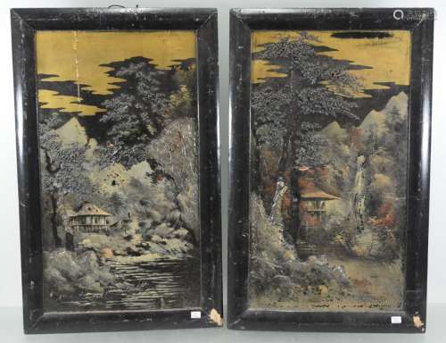 2 chinesische Holztafeln,handbemalt,um 1900, unrestauriert,c...