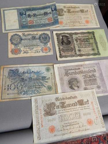 Konvolut 7 Reichsbanknoten,zusammen