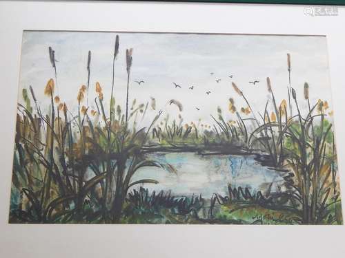 "Teich mit Schilf",Pastell,unleserlich signiert,Bi...