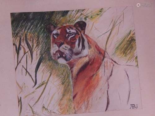 "Tiger",Aquarell,monogrammiert AB,ca.10,5x12cm, hi...