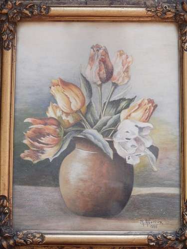 M.Agrioux "Stilleben mit Tulpen in einer Vase",Pas...