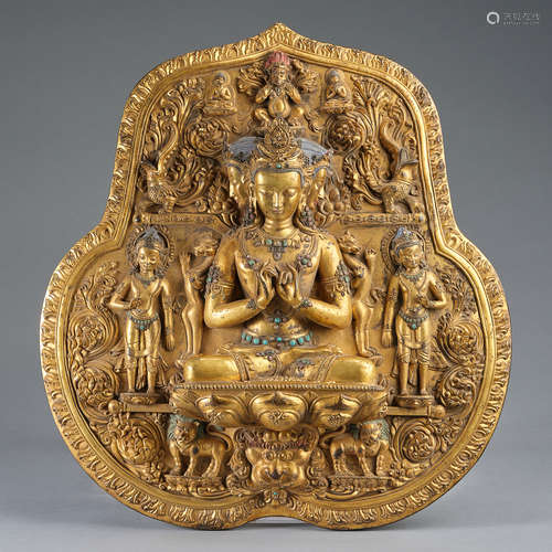 A big gilt-copper alloy sitting Buddha plaque,Qing dynasty