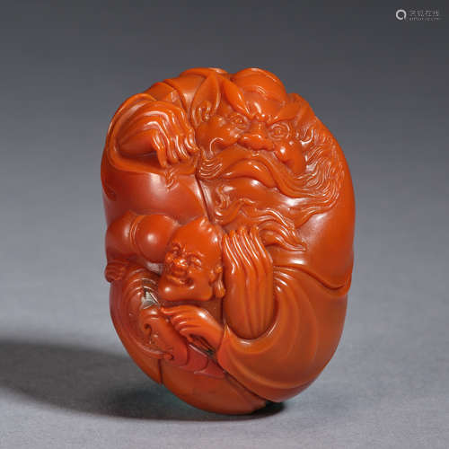 A finely red agate carving of 'Zhong Kui' ,Qing dynasty