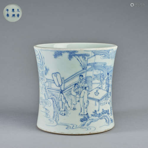 A blue and white brush pot,Qing dynasty,Kangxi