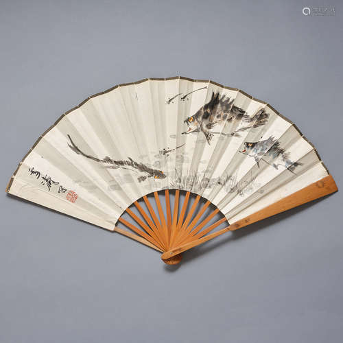 Wang Xuetao fan (1903-1982),Bird ,Lotus and fish