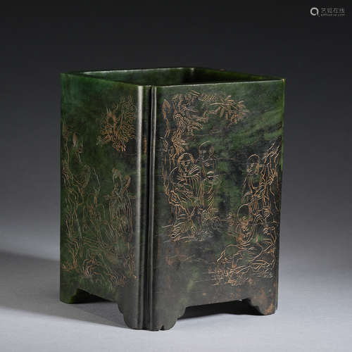 A gilt-decorated spinach-green jade brush pot ,Qing dynasty