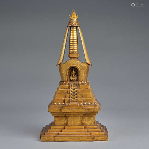 A finely gilt-copper alloy pagoda with base,Qing Dynasty