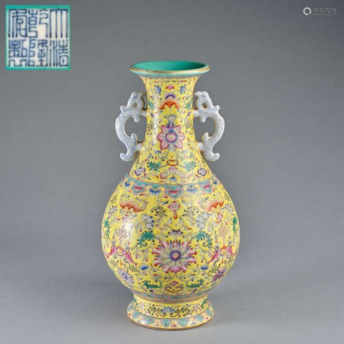 A yellow-ground famille rose 'floral' vase,Qing dynasty,Qian...