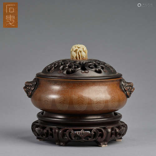 A bronze incense burner with wood stand and wood cover,Ming ...