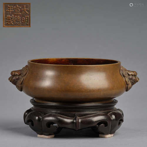 A bronze incense burner with wood stand ,Ming dynasty,Marked...