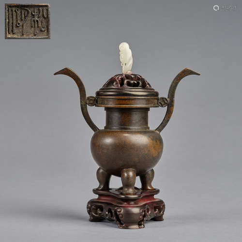 A bronze incense burner with wood stand and wood cover,Ming ...