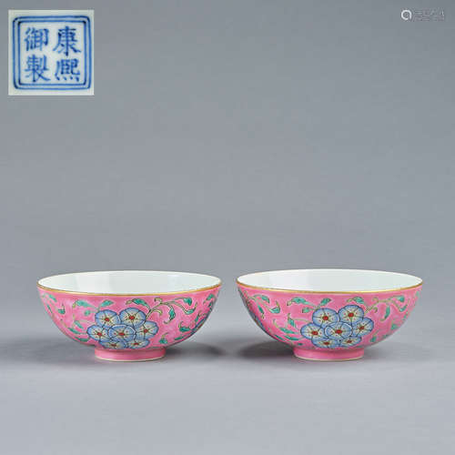 A pair of pink-ground famille-rose 'floral' bowls ,Qing dyna...