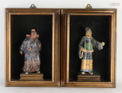 Two antique Chinese temple figures in shadow box