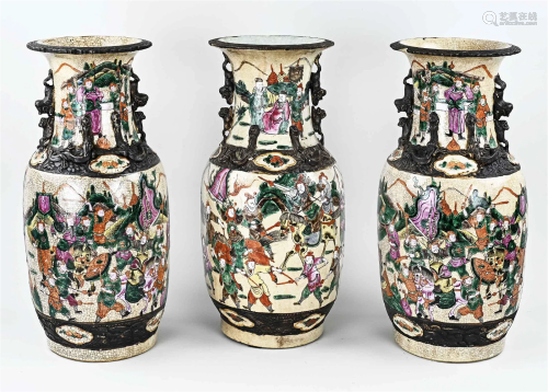 Three antique Chinese/Cantonese vases, H 44 - 45 cm.