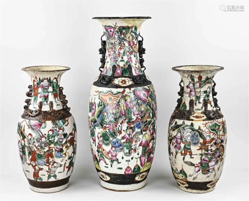 Three Chinese/Cantonese vases, H 43 - 61 cm.