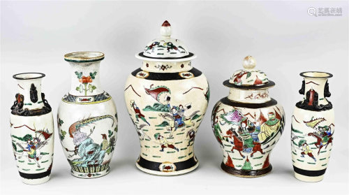 Five Chinese/Cantonese vases, H 30 - 45 cm.