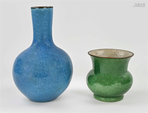 Two Chinese celadon vases, H 12 - 26 cm.