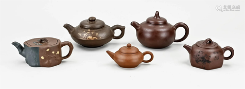 Five Chinese teapots, 11 - 16 cm.