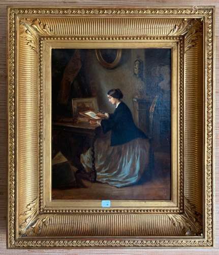 Paul THEBAUT - Femme artiste à son atelier; Huile sur toile ...