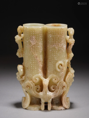 Rare Chinese Antique Yellow Jade Double Vase, possibly Zhou