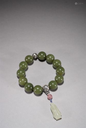 Qing Period Green Jade Bead and Silver Bracelet