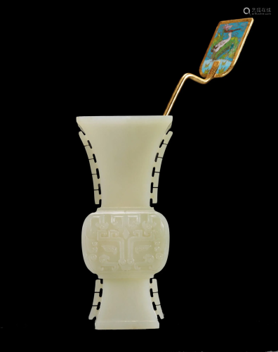 Qing Period white jade beast face flower Vase