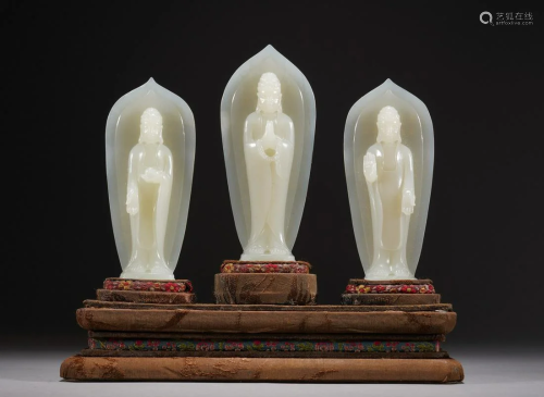 Chinese White Jade Three Buddha Standing Statue