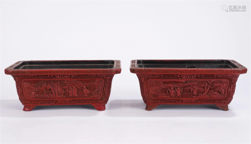 Pair of 18th C. Qing Antique Cinnabar Lacquer Flower Pots