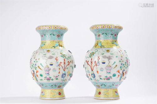 Pair of Qing Period Famille Rose Porcelain Bogu Vases