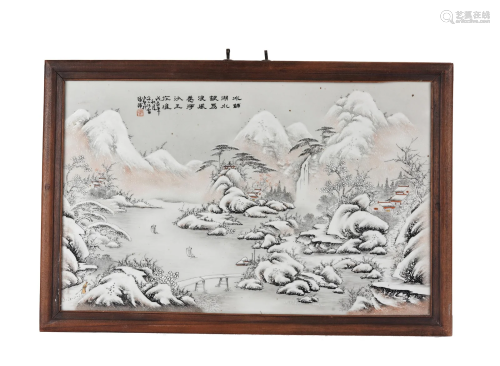 Chinese Minguo Snowy Landscape Grisaille Porcelain Plaque