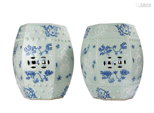 Qing Period Blue and White Porcelain Stools Pair