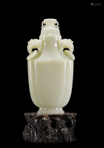 Chinese Qing Nephrite White Jade Double-eared Vase