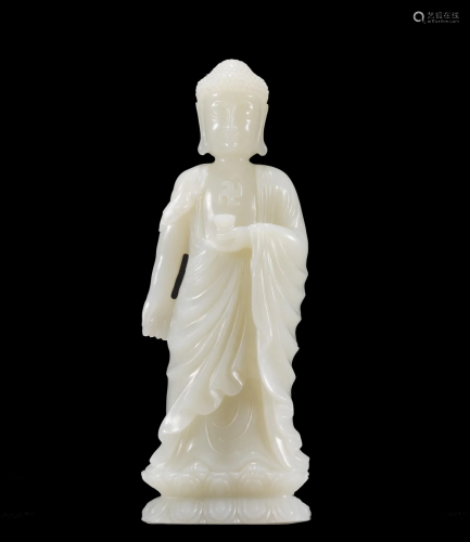 Chinese Qing Nephrite White Jade Shakyamuni Statue