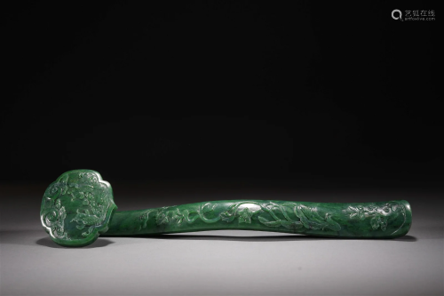 Large & Rare Antique Chinese Qing Period Green Jade Ruyi