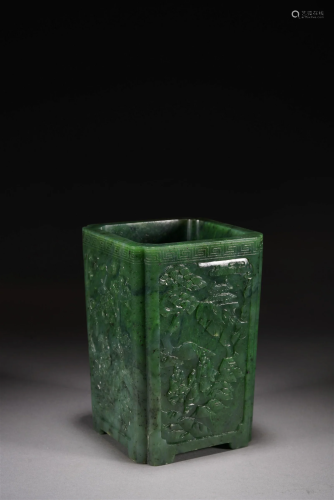 Chinese Green Jade Landscape Square Brushpot