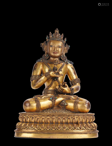 An Antique Tibetan Gilt Bronze Vajrasattva Statue