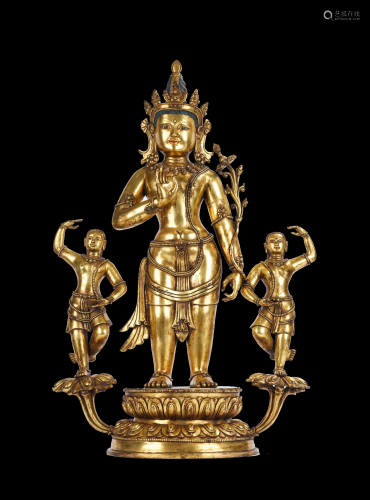 Rare & Large Tibetan Gilt Bronze Statue of Avalokiteshva...