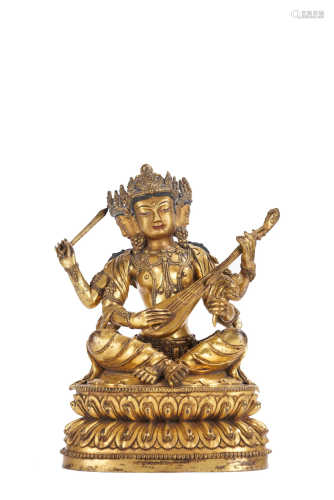 Sino Tibetan Antique Gilt Copper Saraswati Buddhist Statue