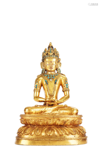 16/17th C. Rare Tibetan Gilt Bronze Inlaid Amitayus