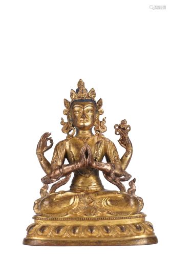 Tibetan Antique Gilt Copper Chaturbhuja Lokeshvara