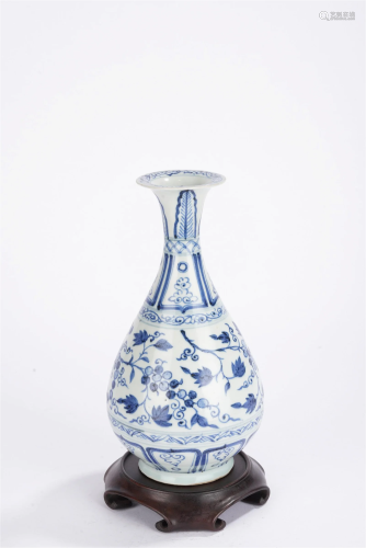Chinese Ming Blue and White Flower Yuhuchun Vase