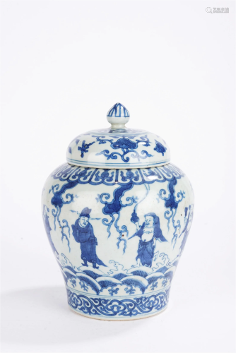 Chinese Ming Style Blue and White Character Story Lid Jar