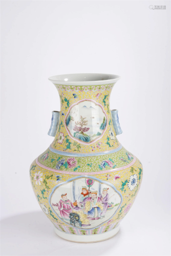 Large Chinese Famille Rose Yellow Ground Character Vase